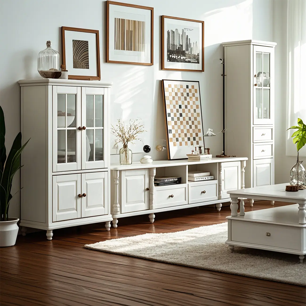 87 White Wood Open Storage TV Stand for Living Room