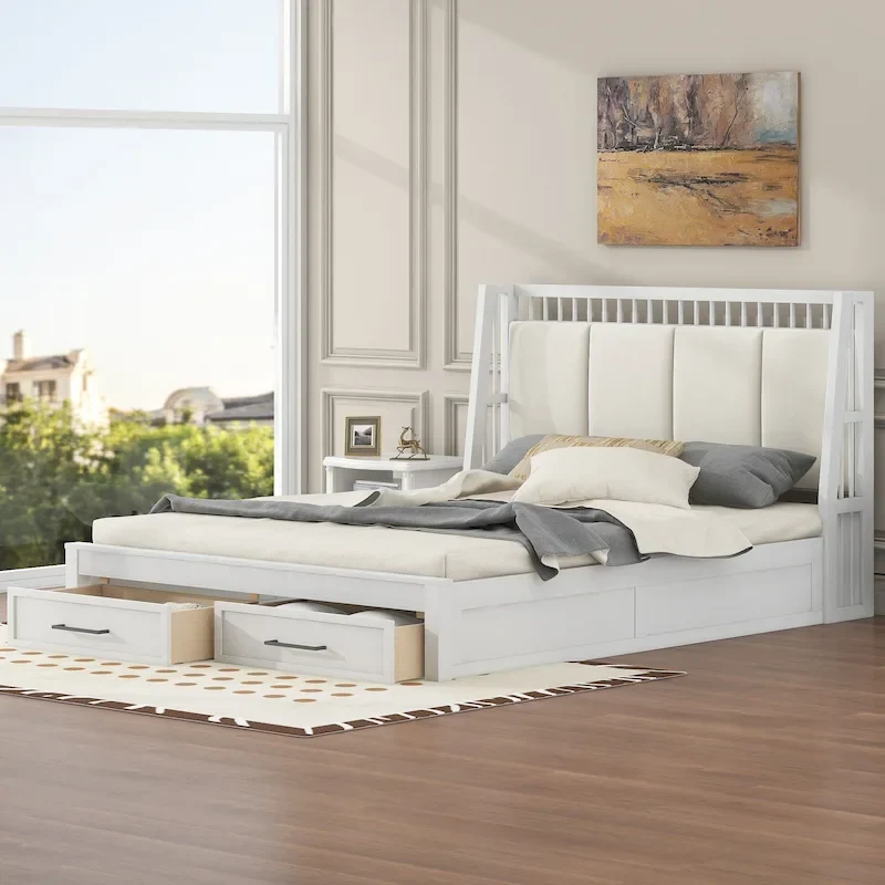White Queen Size Wooden Platform Bed with Upholstered Headboard and 2 Drawers