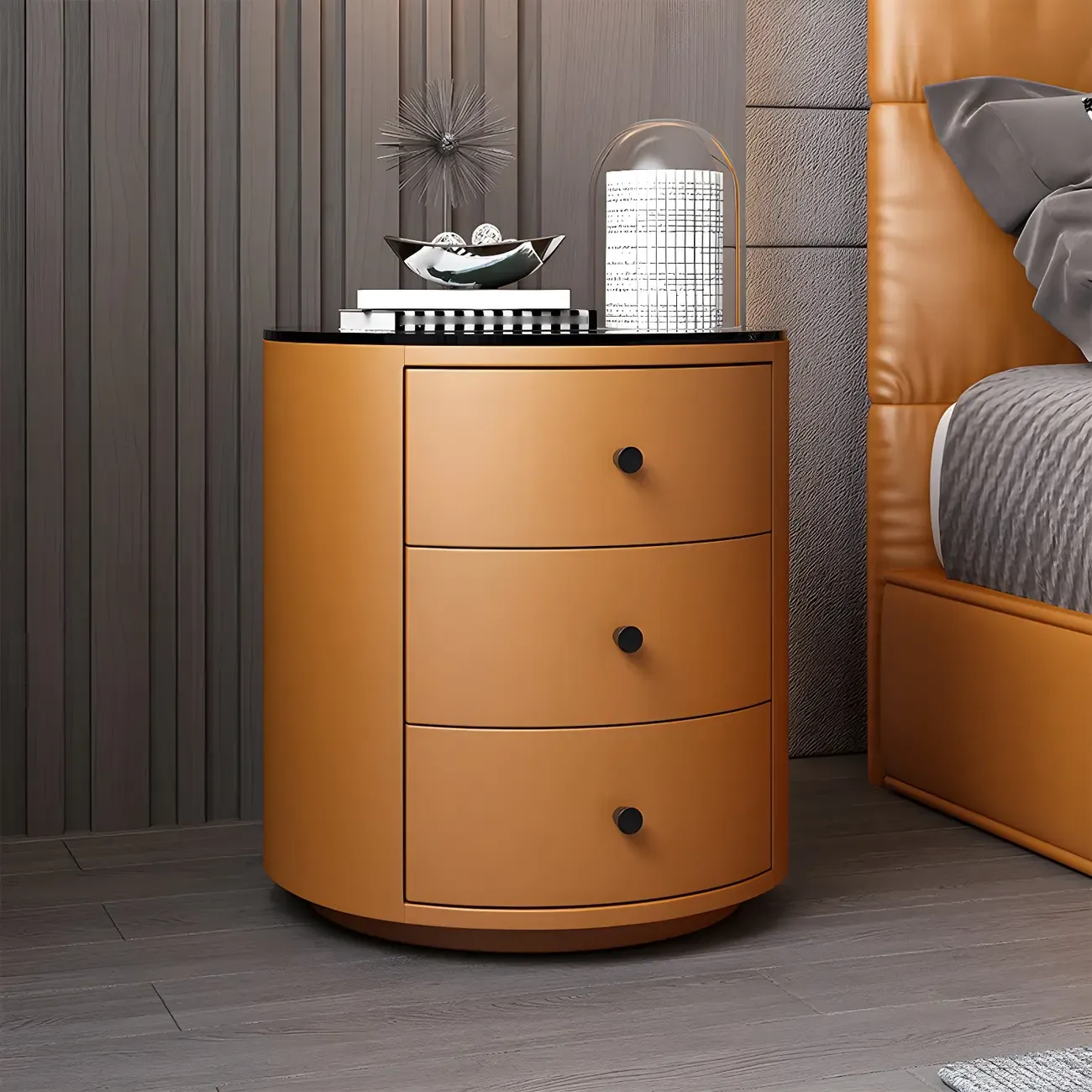 Modern Faux Leather Round Bedside Table with Two Drawers in Grey