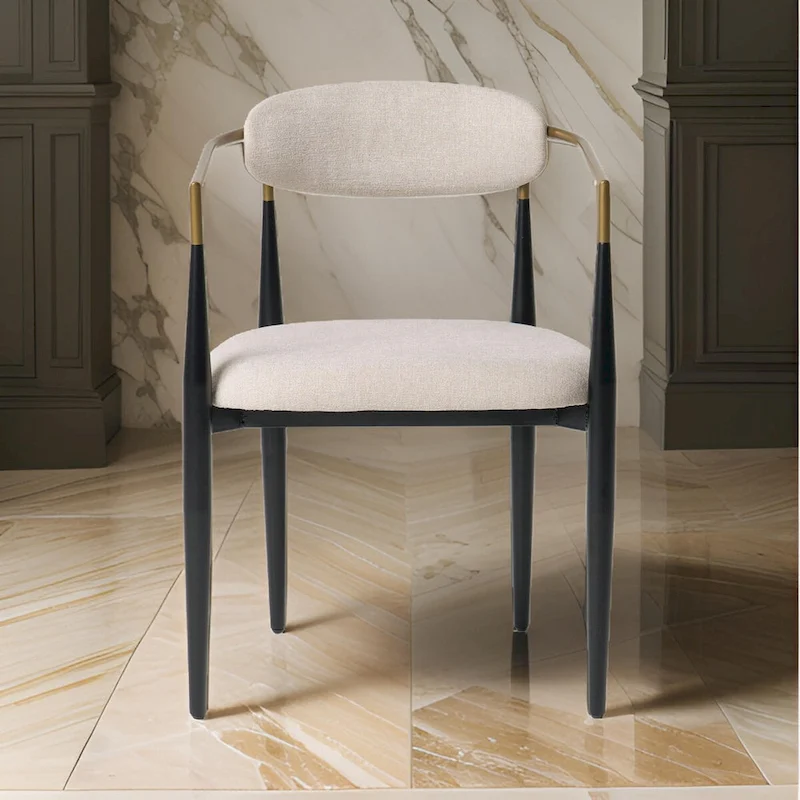 Cid Hita 23 Inch Dining Chair, Light Gray Polyester, Black Iron Legs, Gold