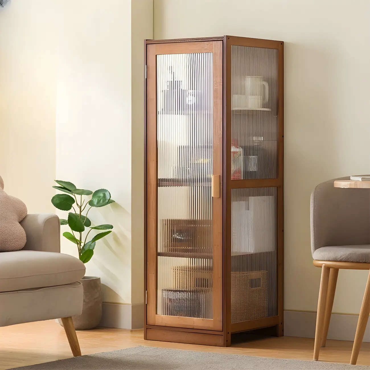 Narrow Adjustable Scandinavian Bamboo Glass Curio Cabinet