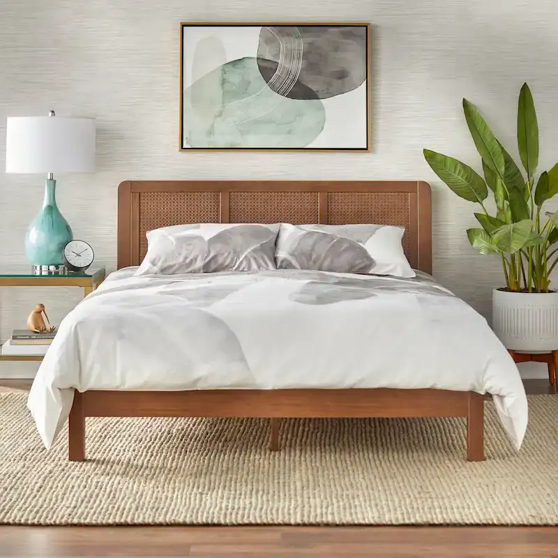 Mid-Century Queen Platform Bed with Rattan Headboard