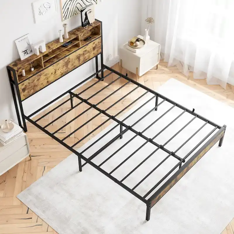 Bookcase Storage Platform Bed with Charging Station