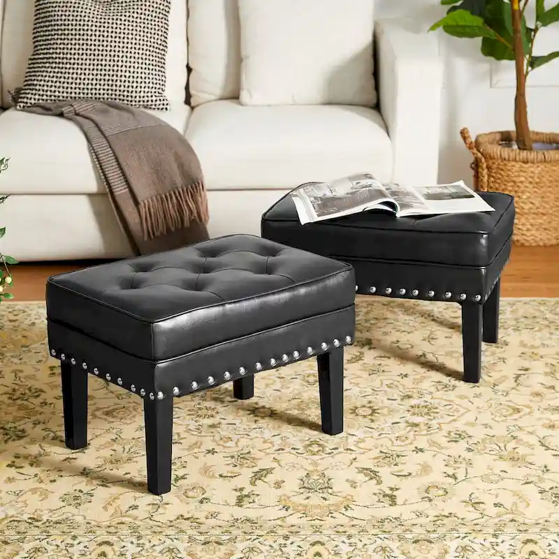 Glitzhome Set of 2 22W Leatherette Button-tufted Foot Stools Ottomans