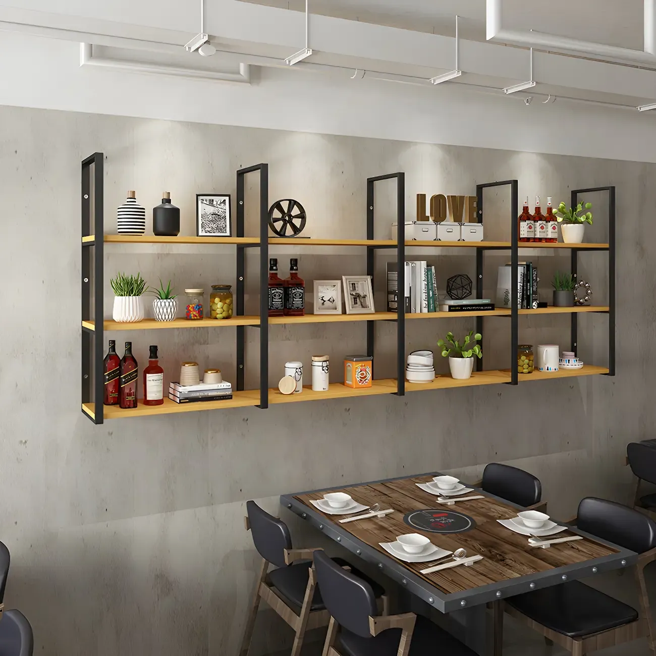 Industrial Wall-Mounted 3-Tier Wood Display Shelf