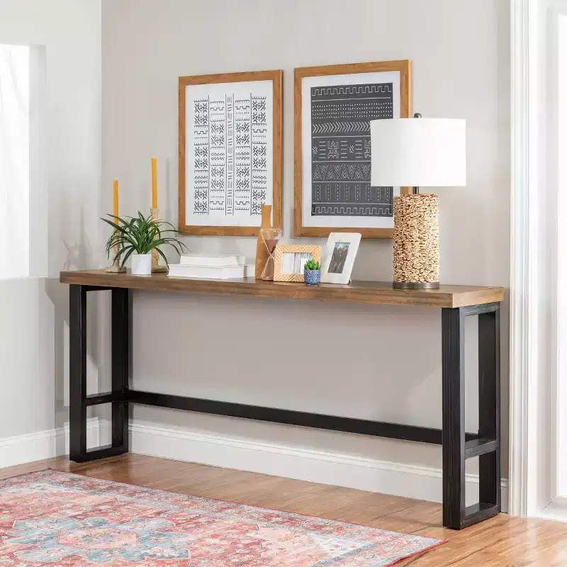 Hand Distressed Sofa Bar Table – Modern Industrial Console, Walnut & Black Metal Frame