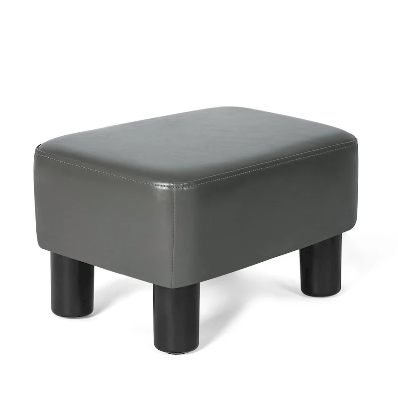Rectangular PU Leather Footstool, Grey/Dark Grey/Brown, Wood Legs, Seats 1