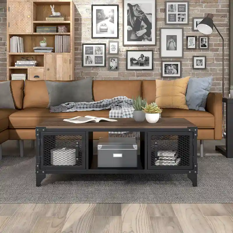 Conner Rustic Black and Dark Walnut 48-inch Steel Storage Coffee Table by Furniture of America