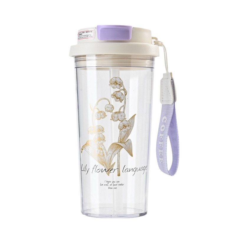 600ML Purple Lily of the Valley Water Bottle with Straw and Lanyard