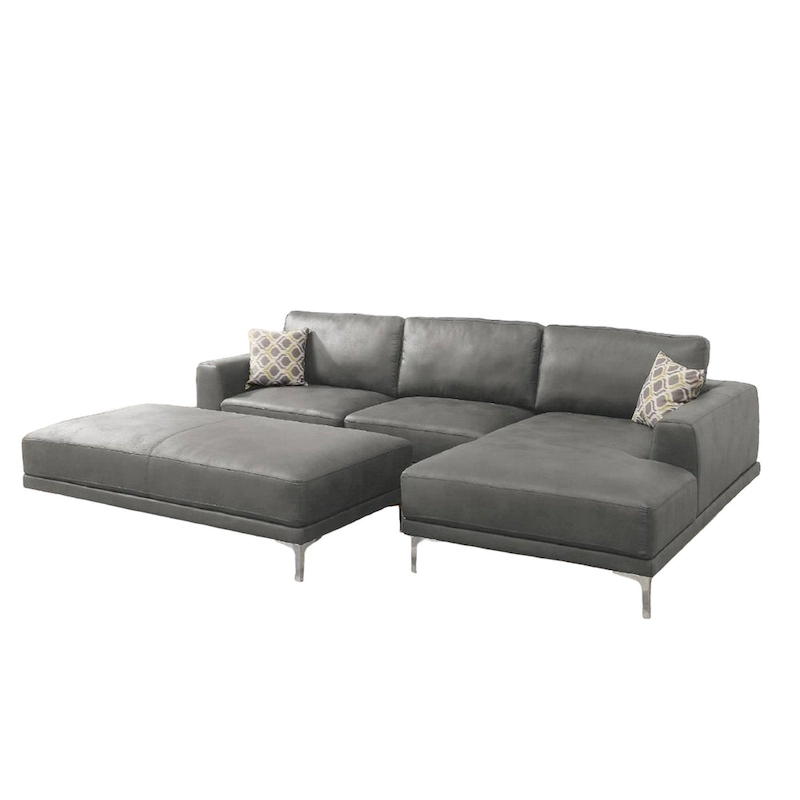 Kemy 2pc L Sectional Sofa Set w Chaise, Gray Faux Leather Upholstery