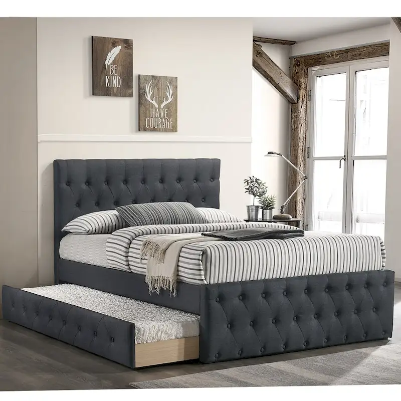 Linen Fully Upholstered Twin Size Bed with Trundle