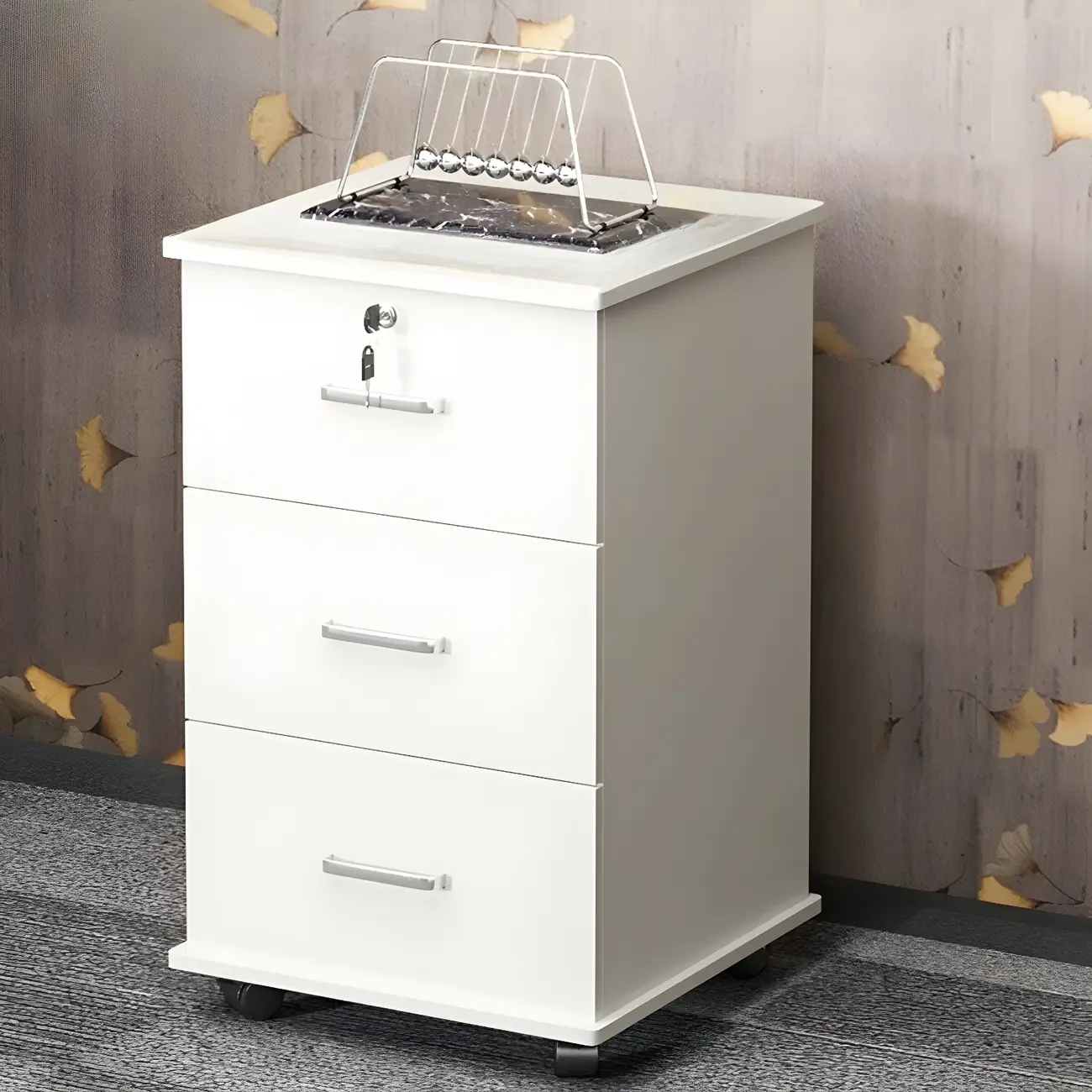 Lokable Brown-White Wood 3 Drawers Mobile Filing Cabinet