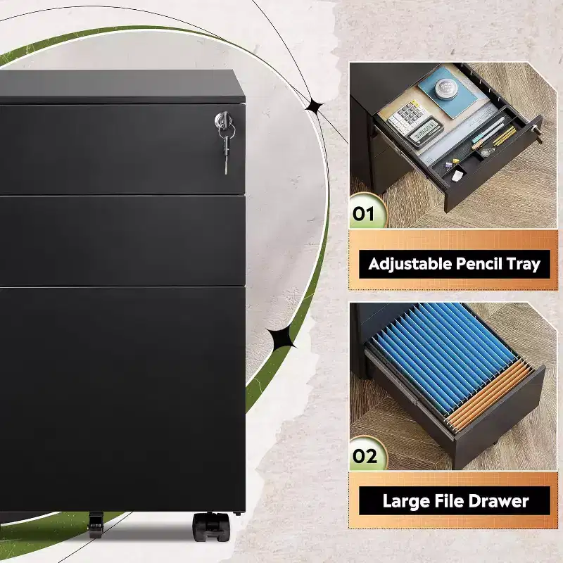 DEXYLLO Locking File Cabinet, 3 Drawer Rolling Pedestal Under Desk Office, Fully Assembled Except Casters