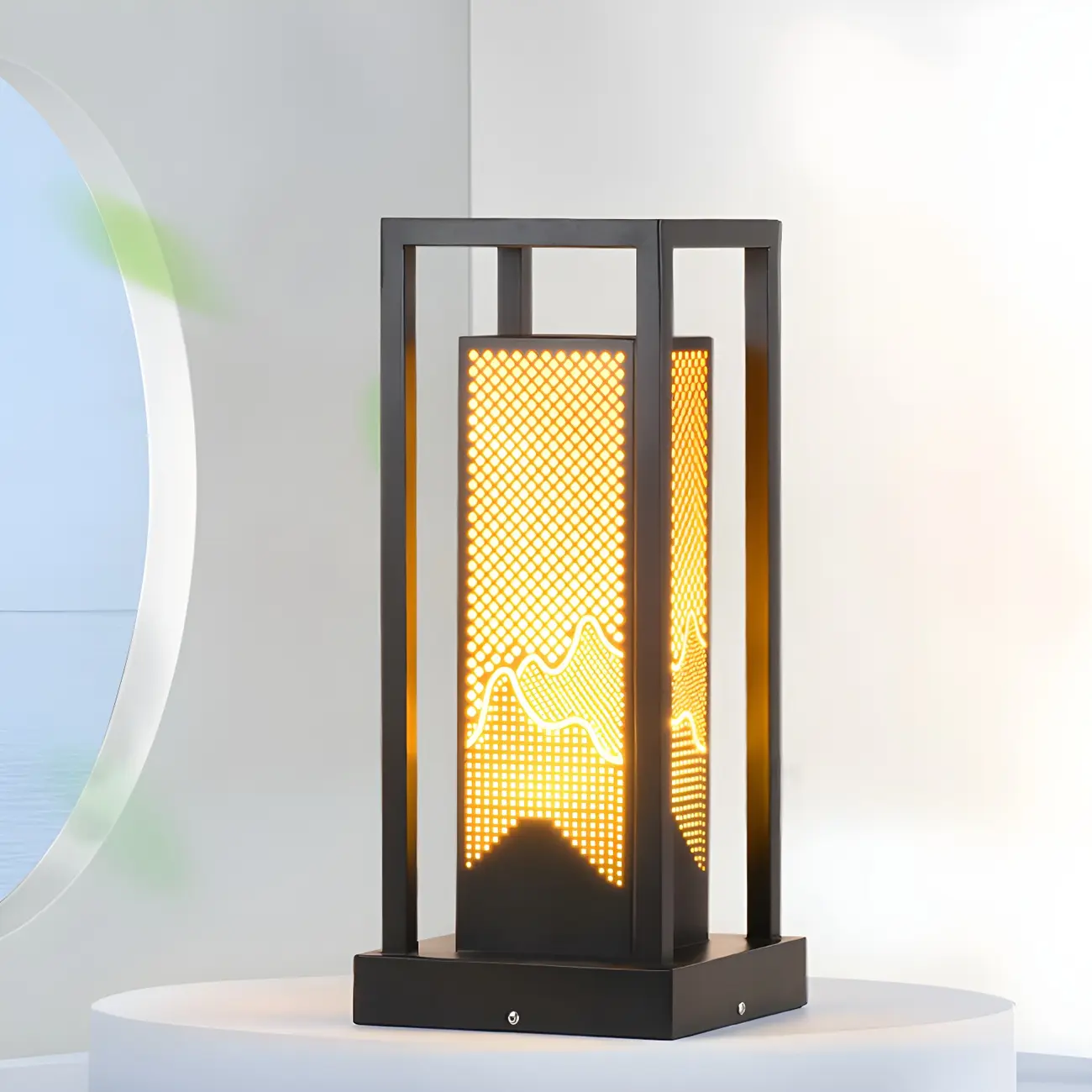 Black Metal Grid Wired Rectangle Post Cap Light