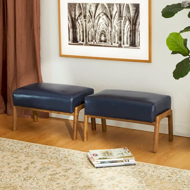 Glitzhome Set of 2 Mid-century Leatherette Ottoman Accent Stools