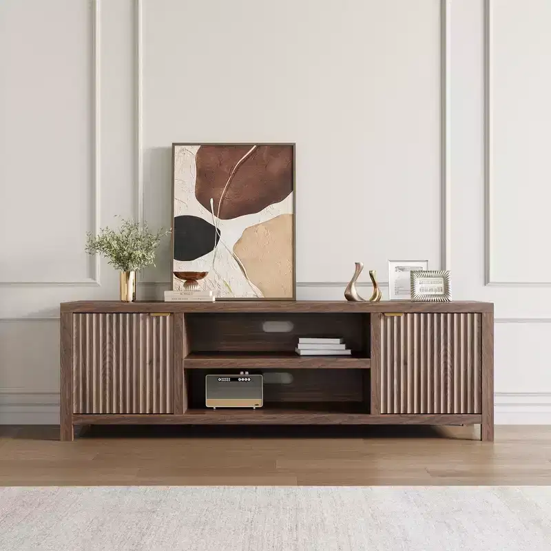 Garvee 70 TV Stand Entertainment Center with Storage, Fluted Door and Gold Handle, Wooden Media Console Cabinet for Living Room, Bedroom