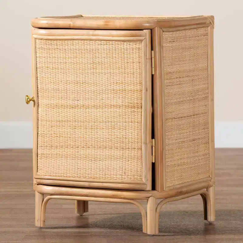 Natural Rattan Nightstand, Brown, Single Door with 2 Shelves