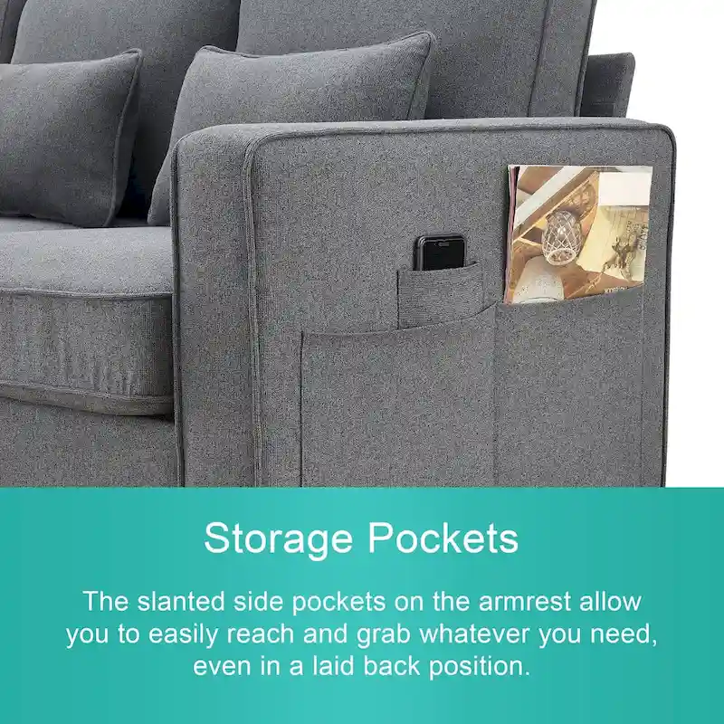 104 4-Seater Modern Linen Fabric Sofa with Armrest Pockets and 4 Pillows