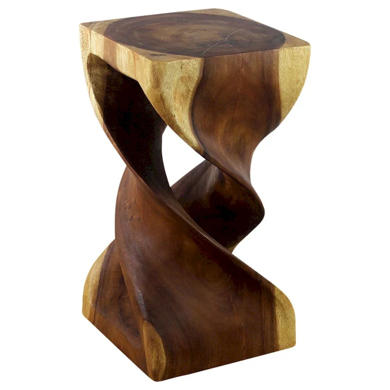 Double Twist Stool/Side Table, Carved Monkey Pod Wood, Natural Oak Oil Finish, 12"x12"x23"H, Oak Oil