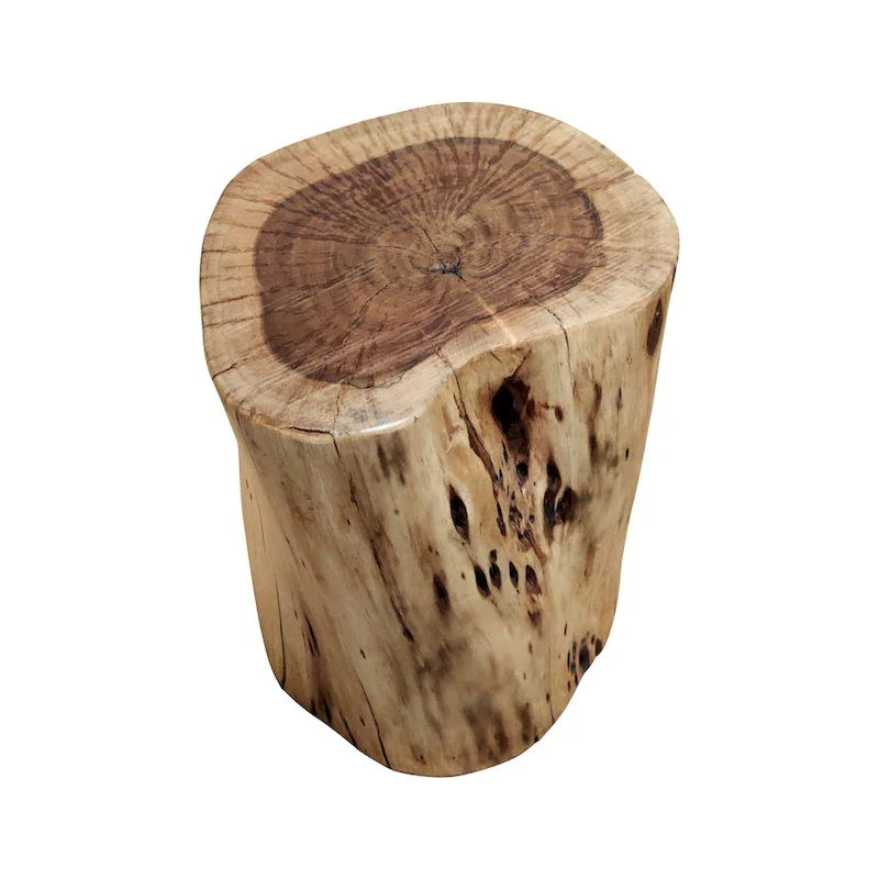 17 Inch Accent Stump Stool End Table, Live Edge Acacia Wood Log with Grain and Knot Details, Natural Brown