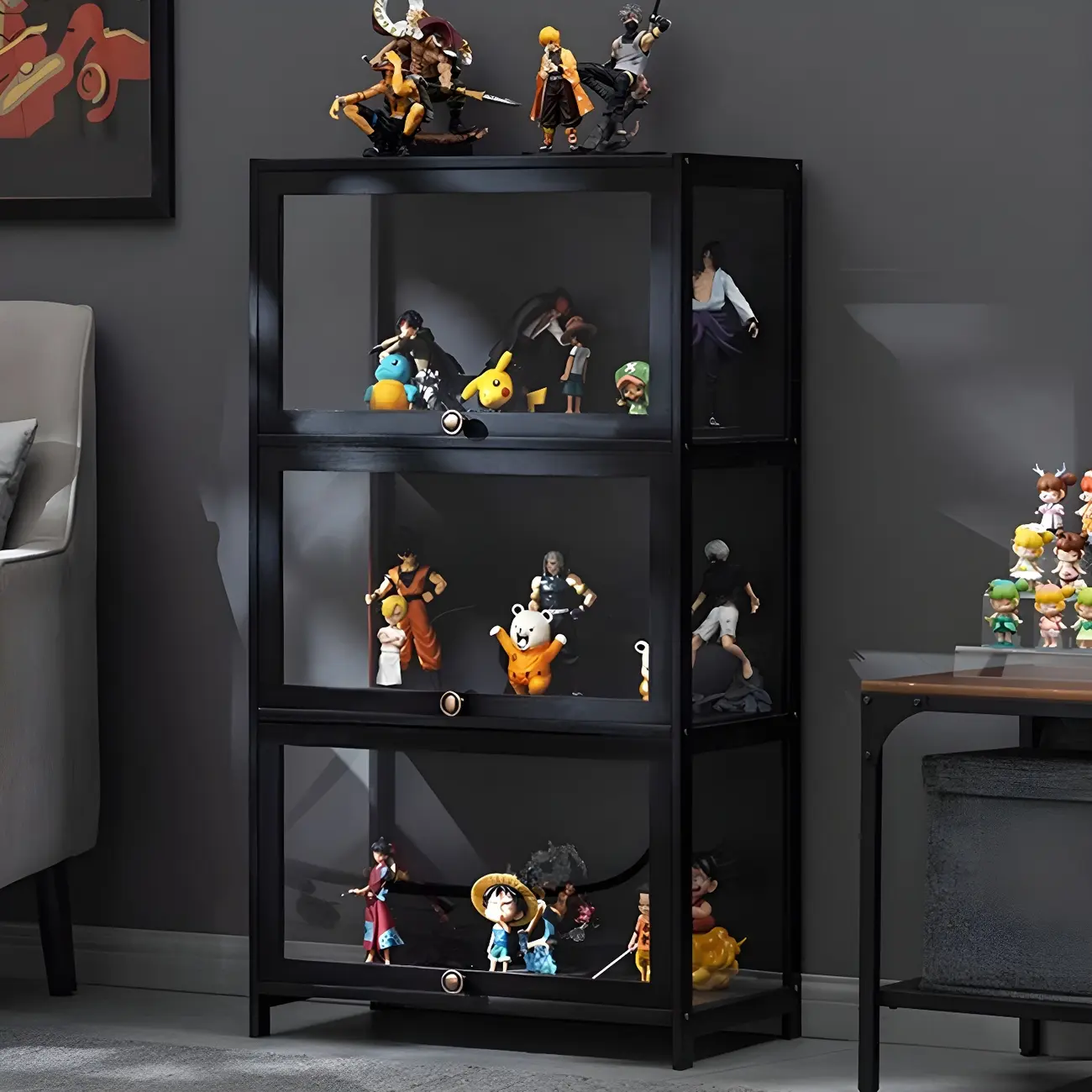 Elegant Black Bamboo Clear Figure Display Cabinet