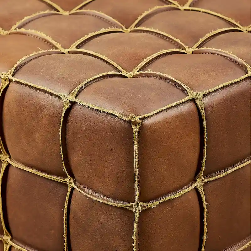 Art Leon Top Grain Leather Square Pouf Ottoman