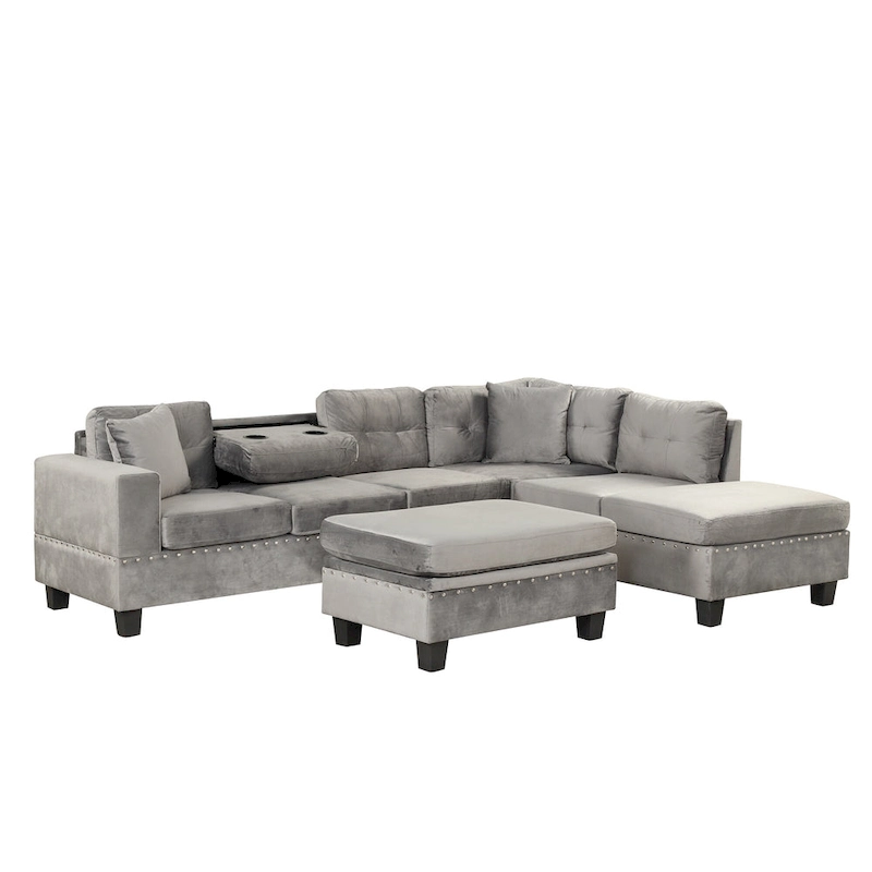 Roomfitters Modern L-Shape Sectional Sofa with Storage Ottoman, Reversible Chaise, Two Pillows, and Cup Holder