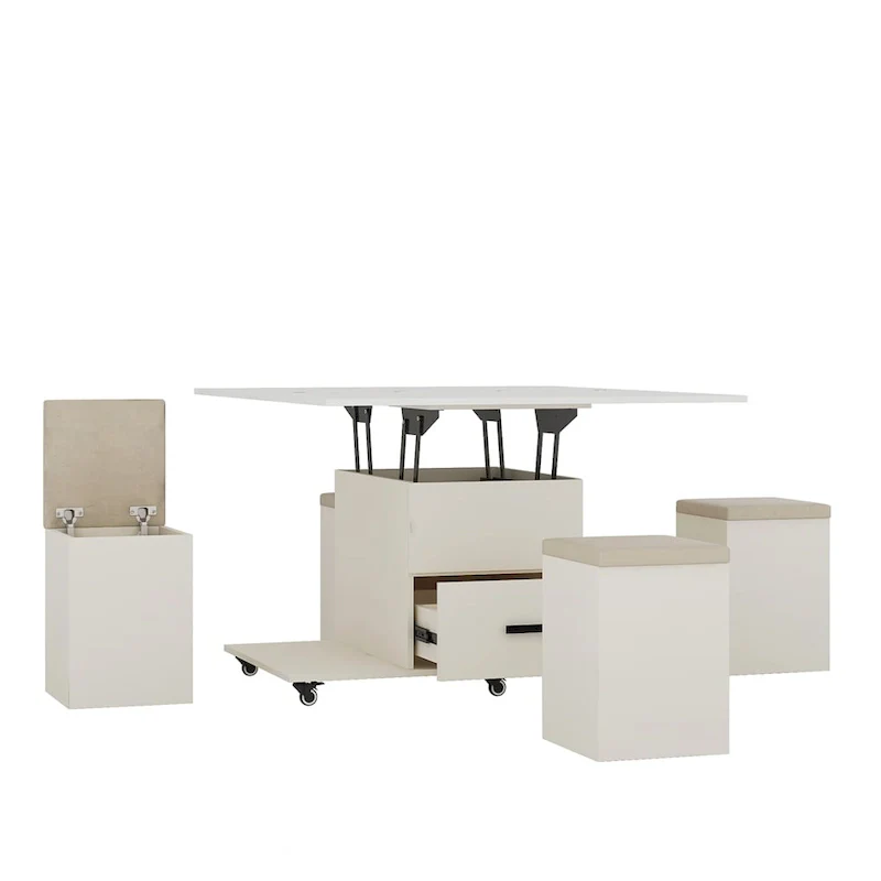 Modern Lift-Up Coffee Table with 4 Stools and 2 Drawers