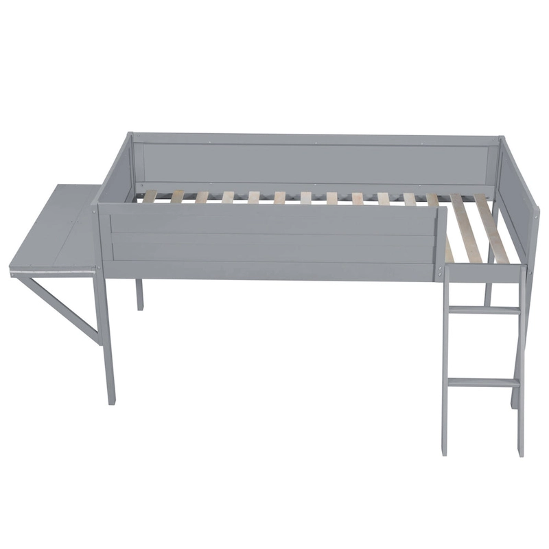 Low Loft Bed with Integrated Desk and LED Lights, Wood Gaming Loft Bed Frame with Angled Ladder, for Kids Girls Boys