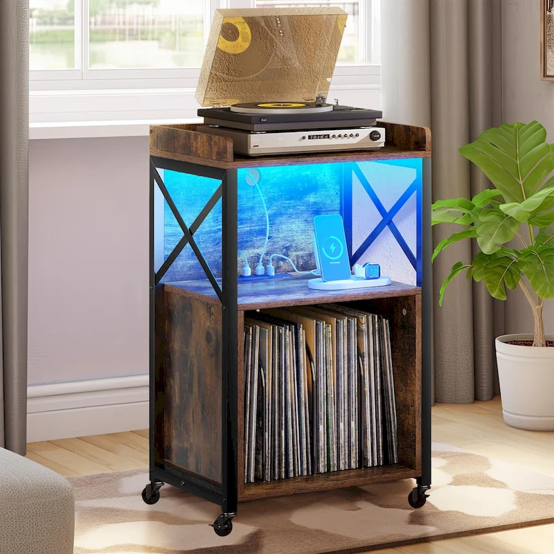 Moasis Record Player Turntable Stand Wheeled with LED Light, Charging Station