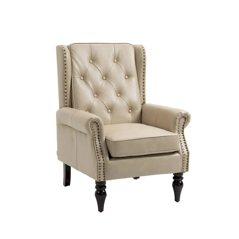 Upholstered PU Leather Accent Chair,Mid Century Button Tufted High Back Arm Chair with Armrest and Solid Wood Legs