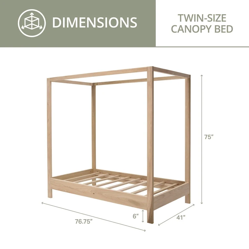 Twin Size Canopy Bed with Raised Platform and Solid Poplar Frame – Natural / Unfinished, for 1 Person