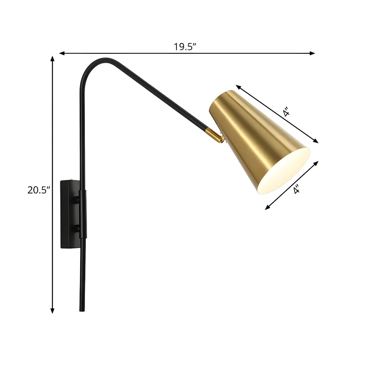 Simple Metal Black Swing Arm Brass Cone Shade Wall Light