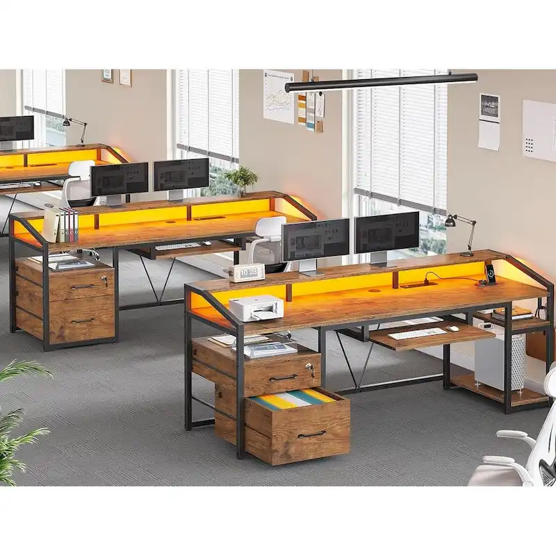 LED Computer Desk With Lock Drawers Keyboard Tray Power Outlet