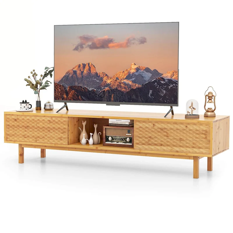Costway 63 Bamboo TV Stand with 3 Storage Cubes Sliding Doors Mid - See Details