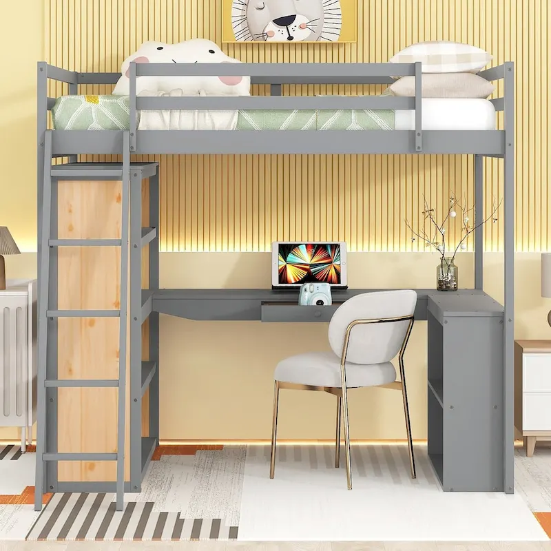 Loft Bed with Desk, Shelves, Drawer, and Ladder, Full-Length Guardrail
