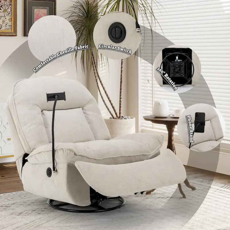 Adjustable Swivel Chenille Recliner with Phone Holder