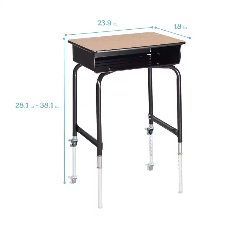 Oak Height-Adjustable Student Desk with Metal Book Box, Single