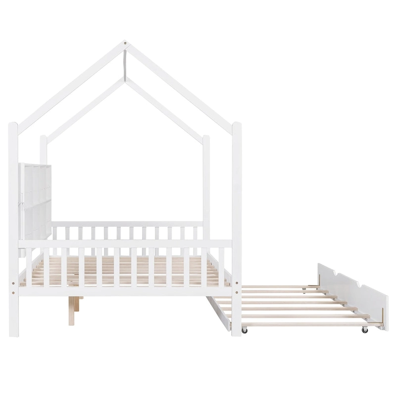 White Wooden Kids House Bed with Trundle and Shelf