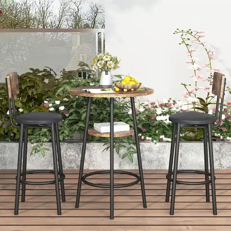 3 Pcs Dining Set, 2-Tier Round Bistro Bar Table & Upholstered Chair