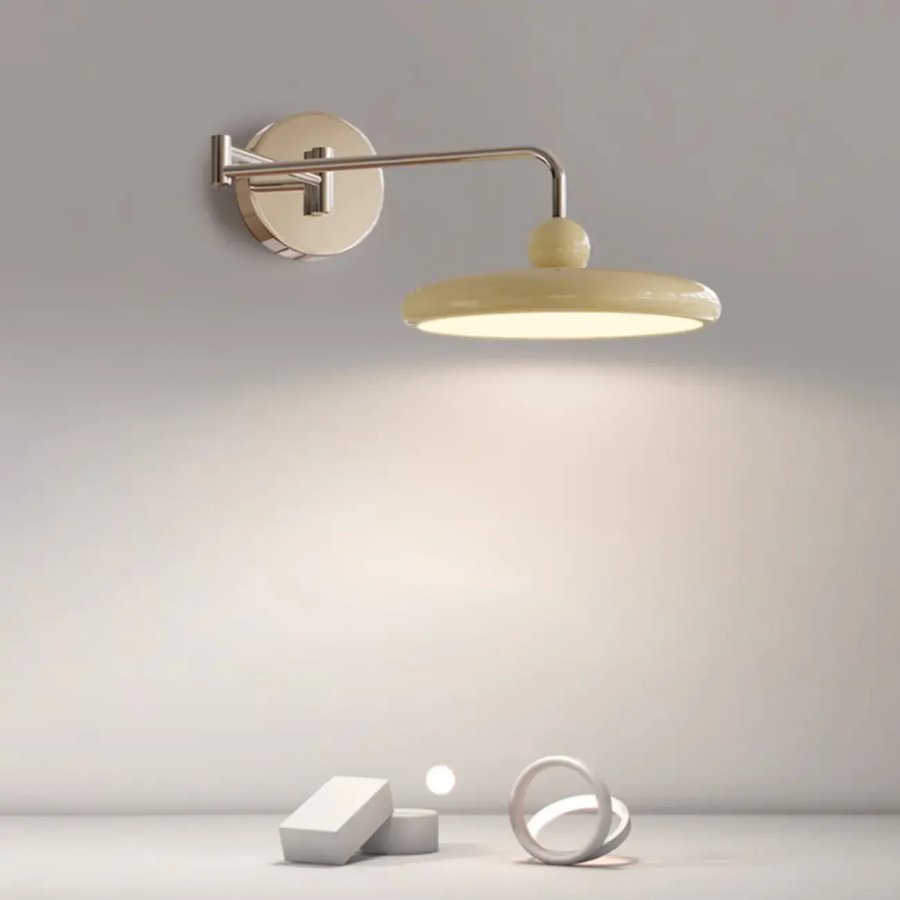 Modern Beige Swing Arm Wall Light with Round Shade