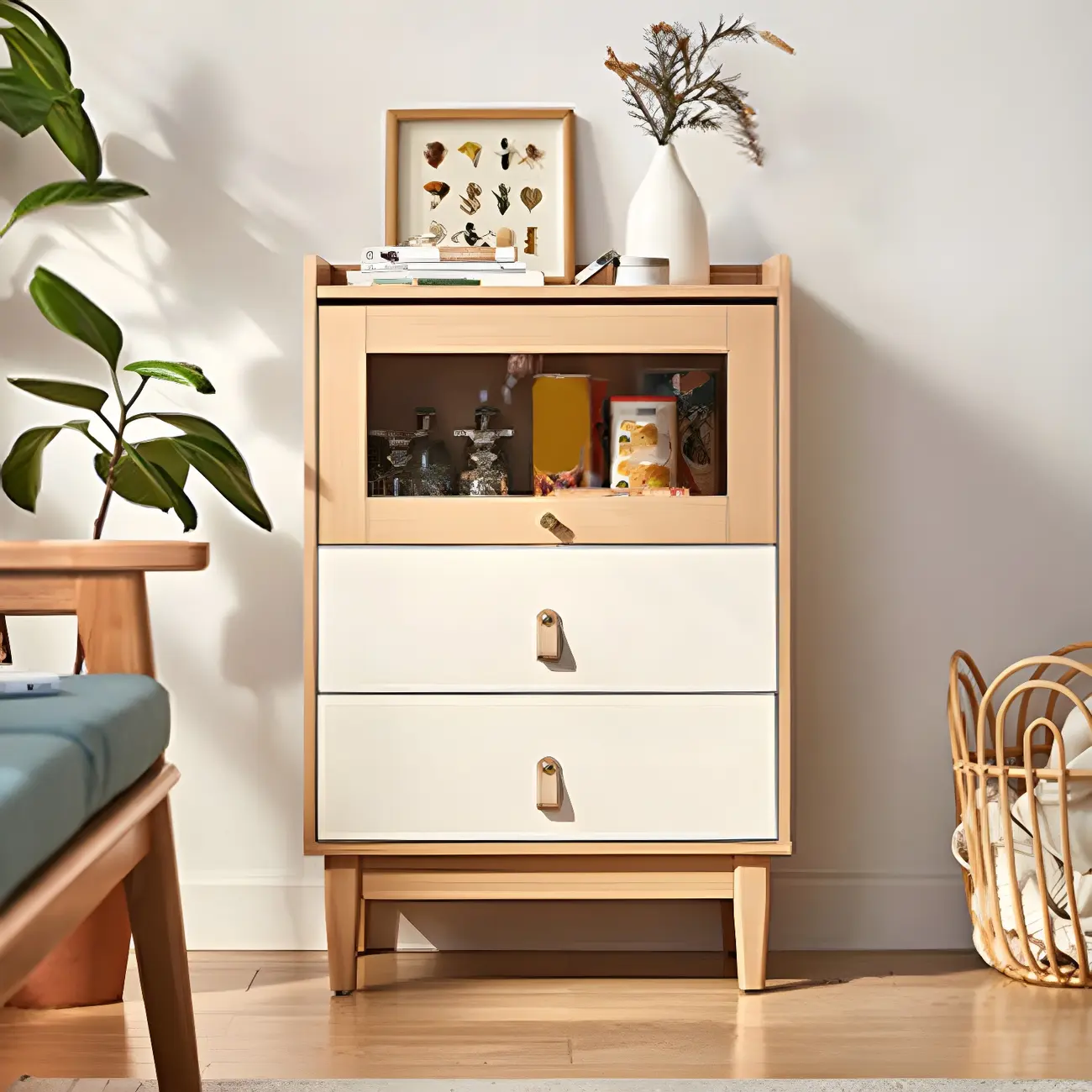 Durable Natural Finish Light Wood and Glass Drawers Dresser