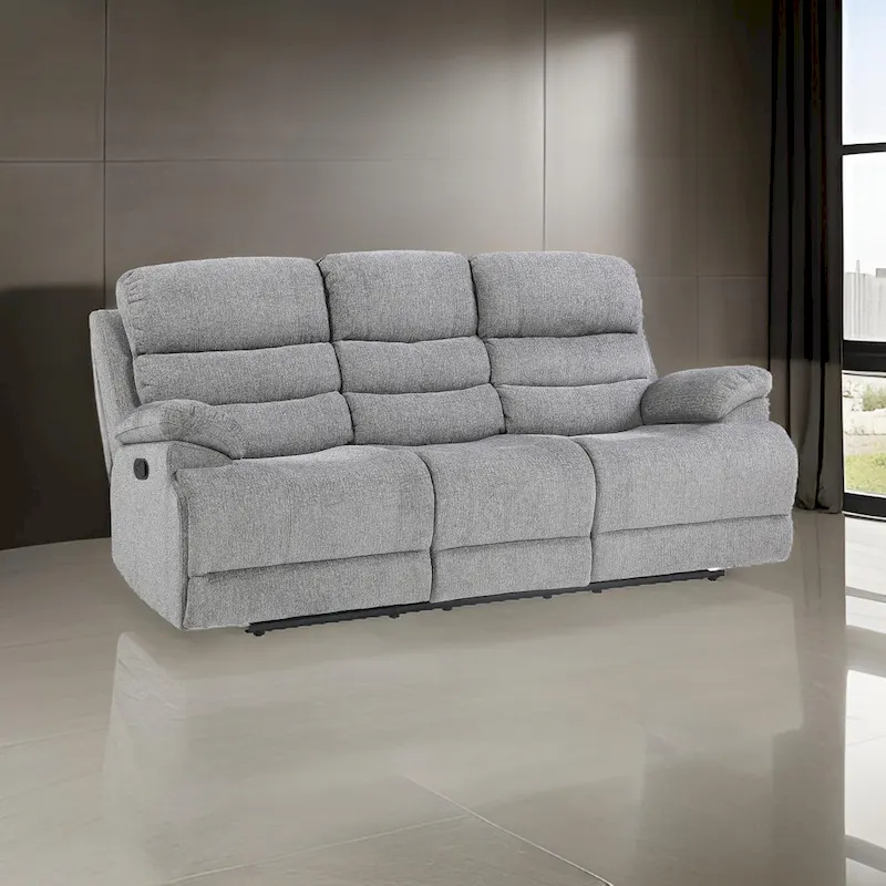 Leena 84 Inch Manual Double Recliner Sofa, Gray Chenille, Solid Wood