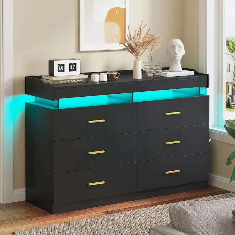 6 Drawer Dresser 2 Pull-Out Tray LED Light Chest of Drawers
