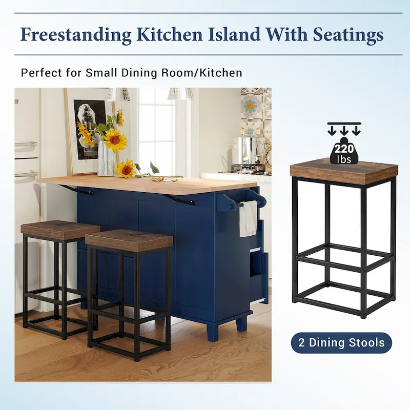 Topmax Farmhouse Kitchen Island Set With Drop Leaf And 2 Seatings