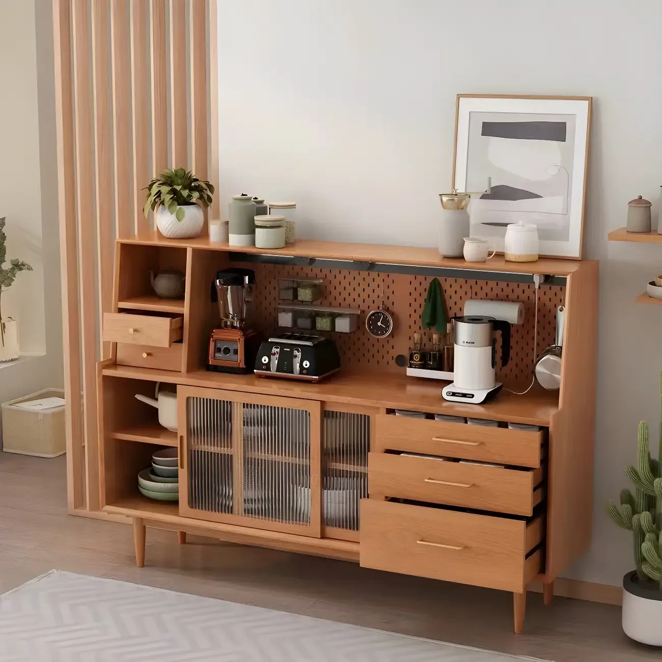 Scandinavian Natural Wood Sideboard with Shelf & Drawer