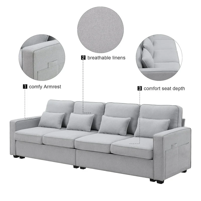 104 4-Seater Modern Linen Fabric Sofa with Armrest Pockets and 4 Pillows