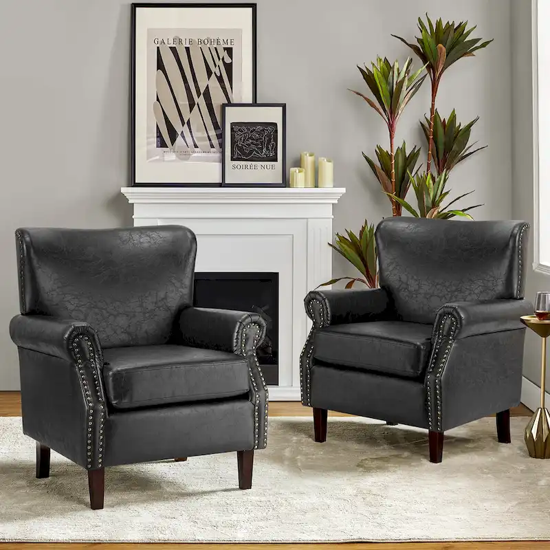Vegan Transitional Armchair with Rolled Arms Set of 2