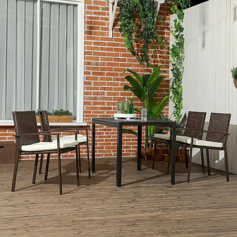Outsunny 4 Piece PE Rattan Outdoor Dining Chairs with Cushion, Patio Wicker Dining Chair Set with Backrest, Armrests for Patio