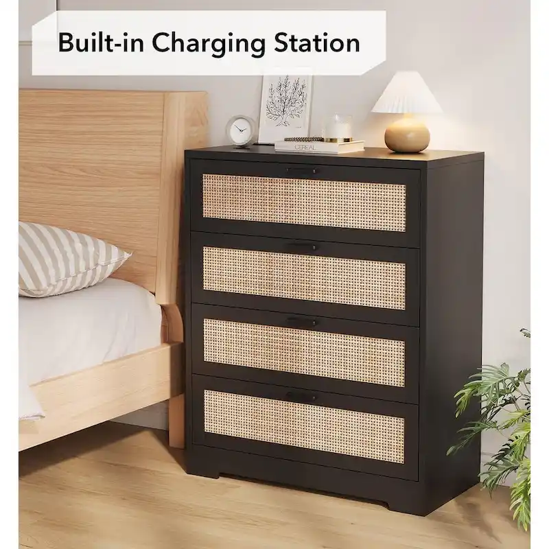 Wood Rattan 4-Drawer Dresser with Power Outlets (31.49